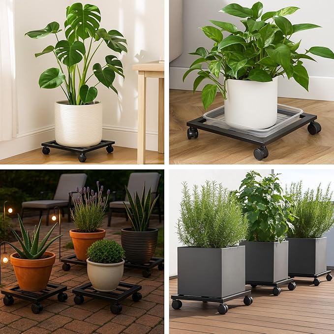 3 Packs 12 inches Large Metal Plant Caddy with PU Wheels Square Planter Dolly Pot Mover Rollers Iron Rolling Plant Stands Indoor Outdoor Plant Holder Coaster Trolley, Black