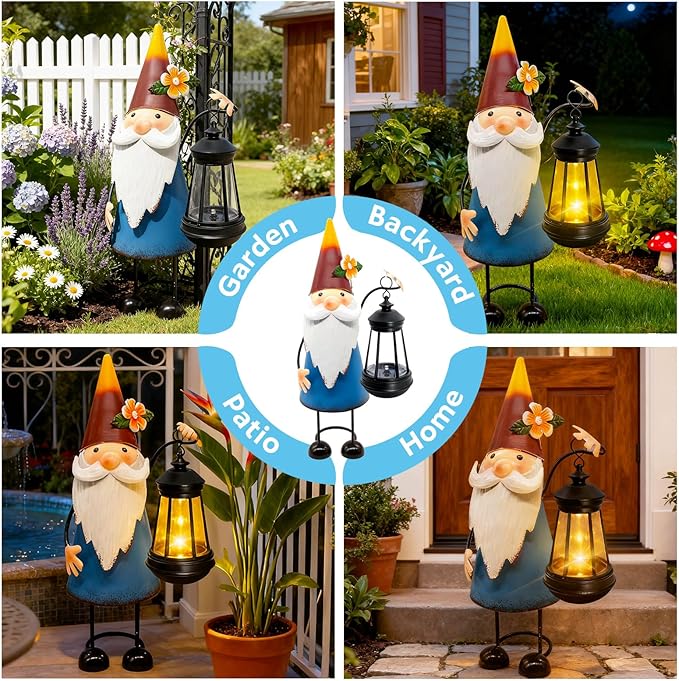 Solar Santa Claus Statue with Lights,14.56in Tall Solar Christmas Gnome Garden Sculptures, Birthday Xmas Gift for Woman Grandma Big Metal Decorative for Outdoor Patio Porch Ornaments Lawn Yard Balcony