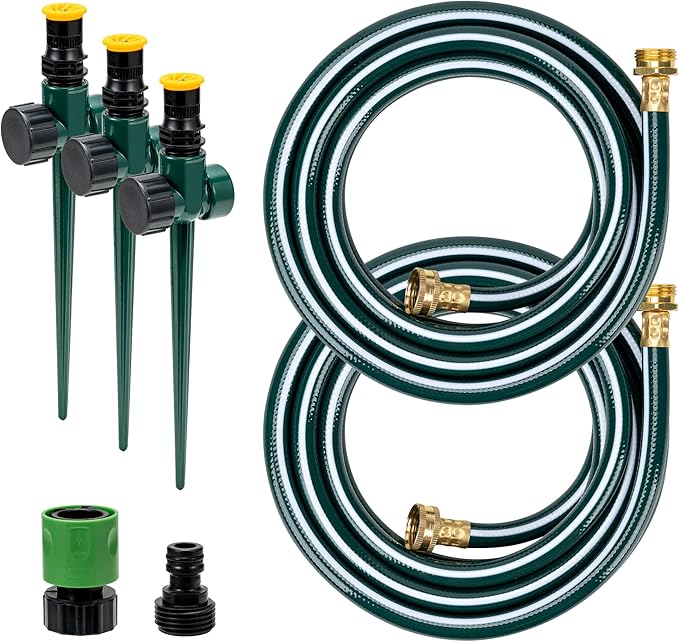 Above Ground Sprinkler System with Metal Spike Base Irrigation System for Garden Multi-Adjustable Lawn Sprinkler Set Ideal for Small Areas Plant and Flower Bed Watering, Two 15ft Green Hose Included