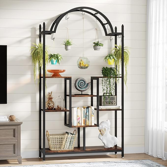 Tribesigns 5-Tier Tall Indoor Plant Stand, 74.8'' Arched Metal Flower Shelf with Hanging Hooks, Large Bonsai Pots Display Rack for Indoor, Balcony, Living Room