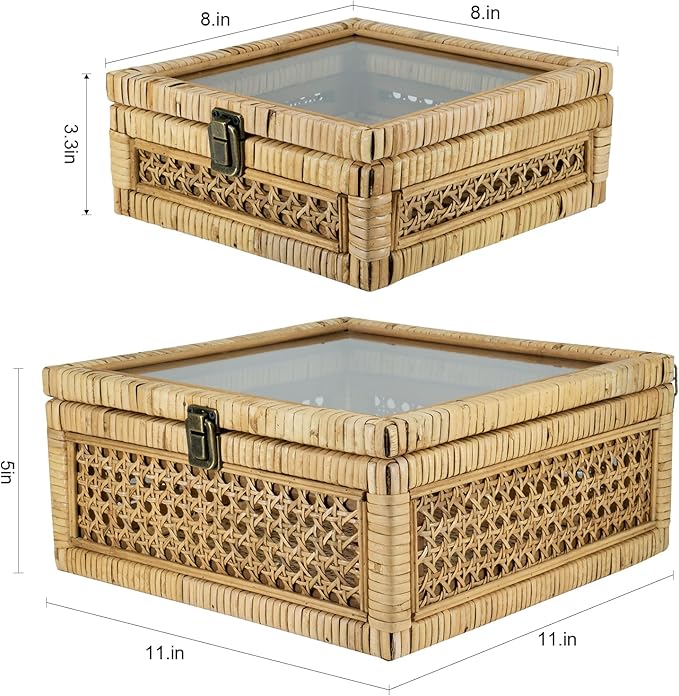 Rattan Square Box with Lid - Set of 2 Wicker Decorative Bins with Glass Cover for Display
