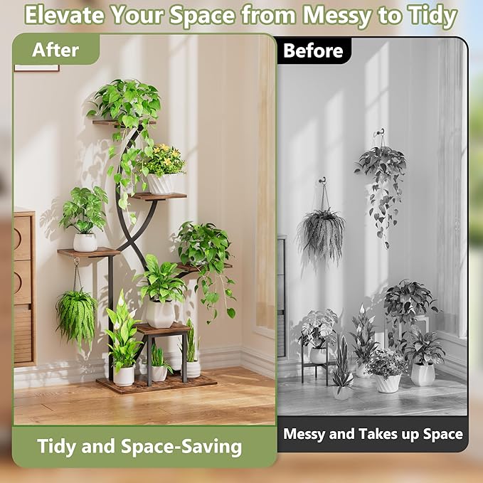 Plant Stand Indoor with Grow Lights, 6 Tiered Indoor Plant Shelf, 48'' Corner Plant Stands for Indoor Plants, Lighted S-Shaped Plant Rack, Tall Flower Holder Display for Living Room, Home (Black)