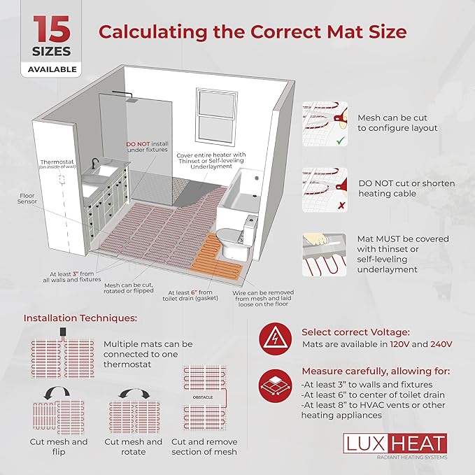 LuxHeat 40 Sqft Mat Kit, 240v Electric Radiant Floor Heating System for Under tile, Stone and Laminate. Kit Includes Alarm, Heated Floor Mat, UDG OJ Microline Programmable Thermostat w/GFCI & Sensor