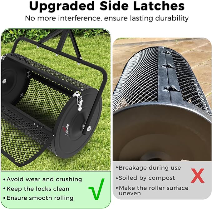 A ANLEOLIFE 24 Inch Compost Spreader, Lawn and Garden Peat Moss Roller with Side Latches, 24-31.1" Height Adjustable Handle, Metal Mesh Basket for Spreading Topsoil, Manure, Mulch, Black