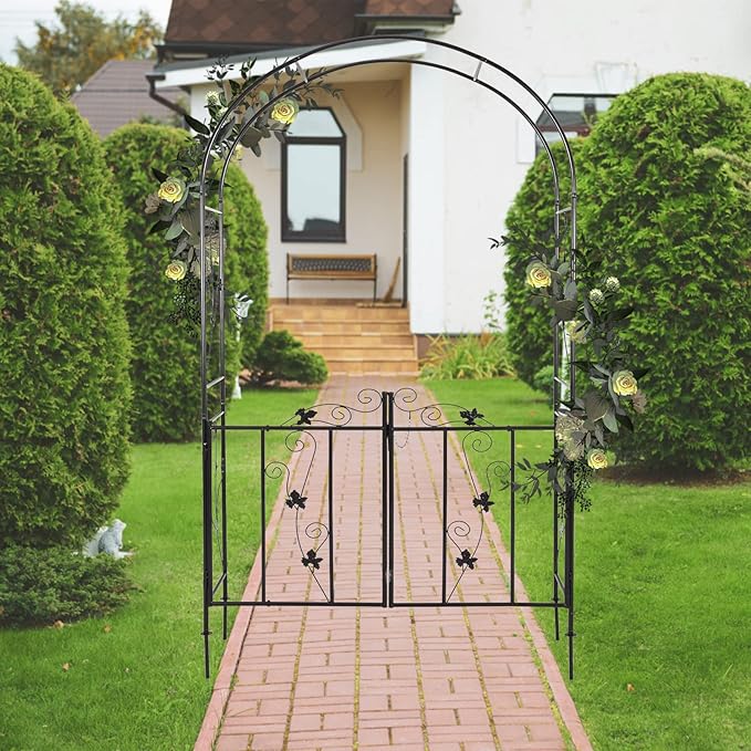 Outdoor Garden Arbors with Gate Door 7’ H x 3’7’’ W Metal Garden Arch Plants Growing for Wedding Party
