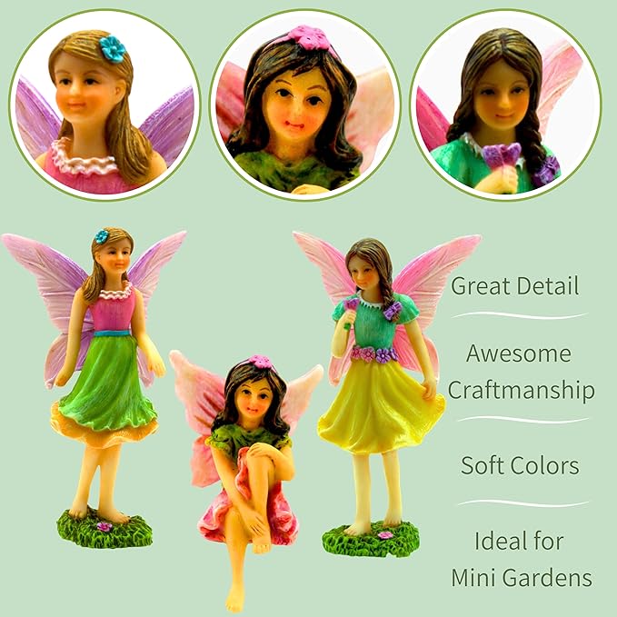 PRETMANNS Fairies for Fairy Garden - Colorful Accessories for an Indoor or Outdoor Miniature Garden - an Adorable Figurine Kit – 3 Pieces