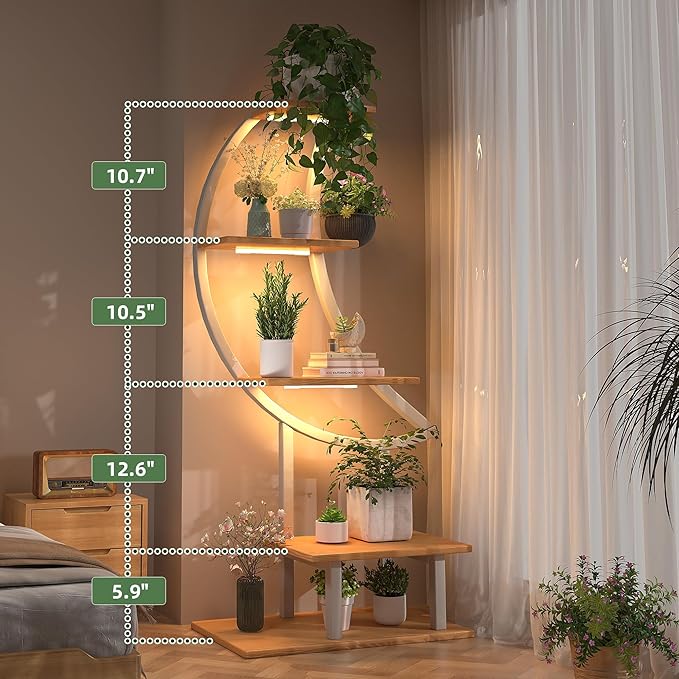 YOLENY Indoor Plant Stand with Grow Lights, Tall Corner Shelf for Multiple Plants, 47" Metal Rack with Hanging Hook for Living Room, Balcony, Patio