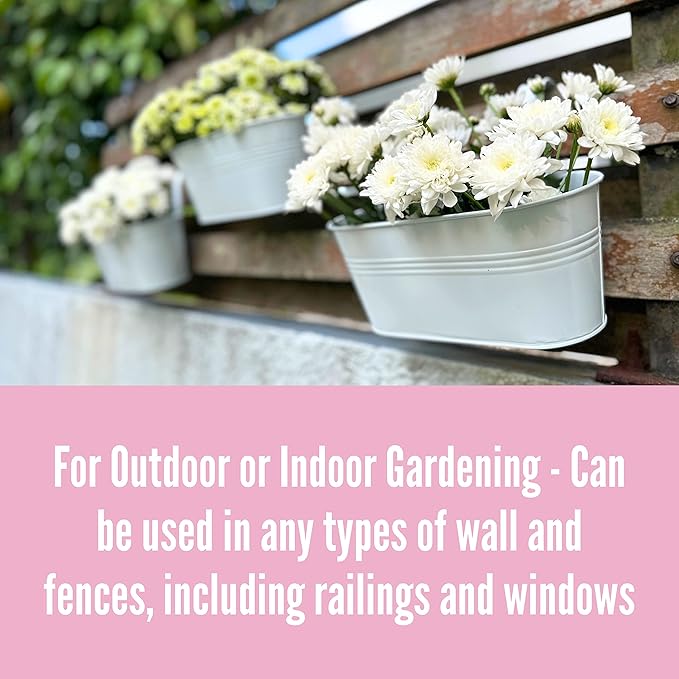 LaLaGreen Rail Planter Outdoor Plants (5 Pack, 11.8 Inch) White Metal Iron Hanging Flower Pots Deck Railings Fence Buckets Modern Countryside Boho Style Wall Mount Window Box Holder Hooks Porch Decor