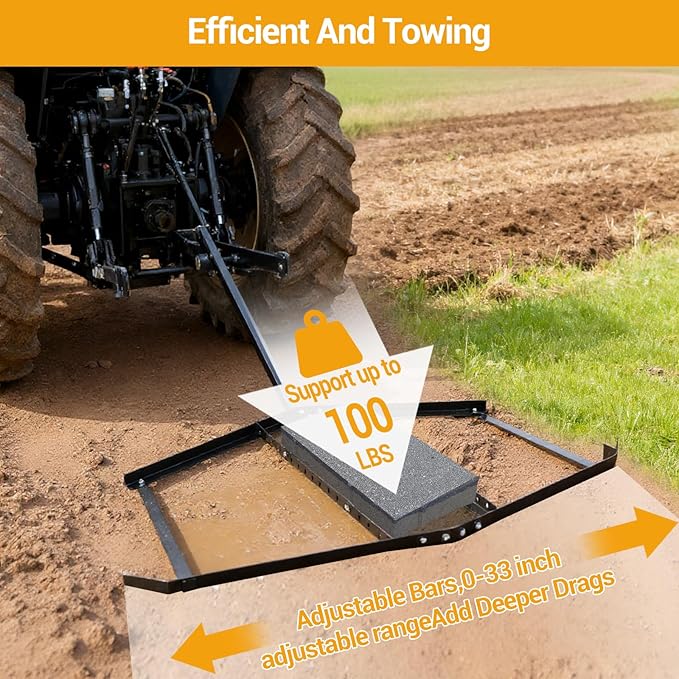 Driveway Drag, 66" Width Drag Harrow with Adjustable Bars & Pin Hitch, Support Up to 50 Lbs, Heavy Duty Steel Tow Behind Drags Harrow for Most ATVs, UTVs, Driveway Graders, Garden Lawn Tractors