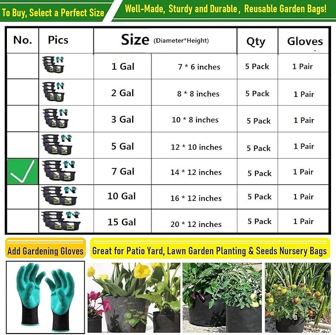 5-Pack 7 Gallon Plant Grow Bags (14x12 inch) Thickened Fabric Plant Pots Garden Bags for Tomato,Potato Planter Bag,Herbs Veggies Planters,Flower Pot,Garden Pot,Barrel Planter,Plant Container W/ Gloves
