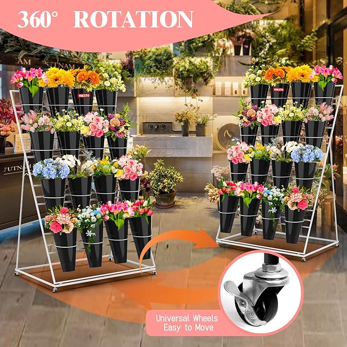 Flower Display Stand with Buckets, 4 Layers 16 PCS Buckets Plant Stand with Wheels, Movable Metal Plant Stand for Terrace Garden, Living Room, Florist Shop (White Frame - Black Buckets, 4-Tier)