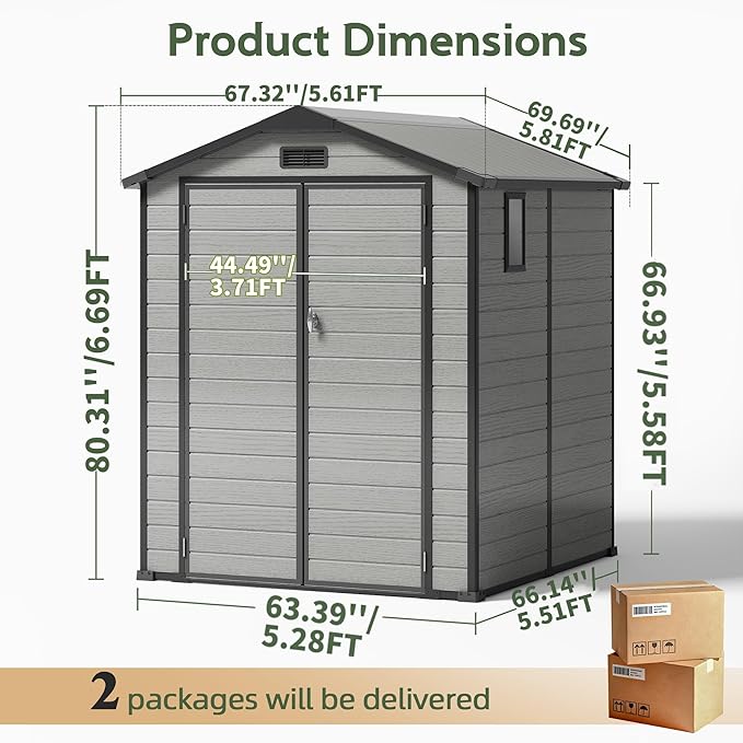 6×6FT Plastic Outdoor Storage Shed, Double Door Tool Shed with Transparent Roof and Vent, Lockable Door with Key, Storing Patio Furniture, Gardening Tools, and Bicycle Accessories.