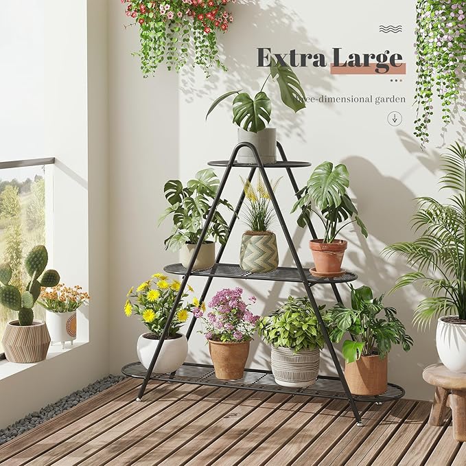 Plant Stand Indoor Plant Shelf Outdoor Corner Tall Plant Rack 3-Tier Large Metal Plant Holder Heavy-Duty Flower Rack for Patio,Living Room,Garden Decor (Black)