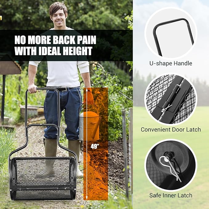 S AFSTAR 24-Inch Compost Spreader, Peat Moss Spreader with Upgrade Side Latches & U-Shape Handle, Metal Mesh Topdressing Roller for Topsoil, Fertilizer, Garden & Lawn Care Manure Spreader (Black)