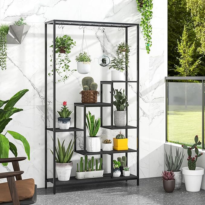 Giantex 71" Tall Plant Stand Indoor, 6-Tier Metal Plant Shelf with 10 Hanging Hooks, Multiple Potted Flower Bonsai Pots Display Rack for Indoor, Balcony, Living Room (Black)