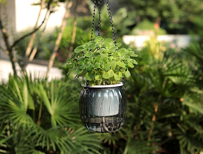 Meicynhoger 4-Pack Plastic Self-Watering Hanging Planters for Snake Plant,Succulents,African Violets - 4.3" Clear Flower Pot with Hooks for Indoor Outdoor,Table, Balcony,Deck,Garden Gray