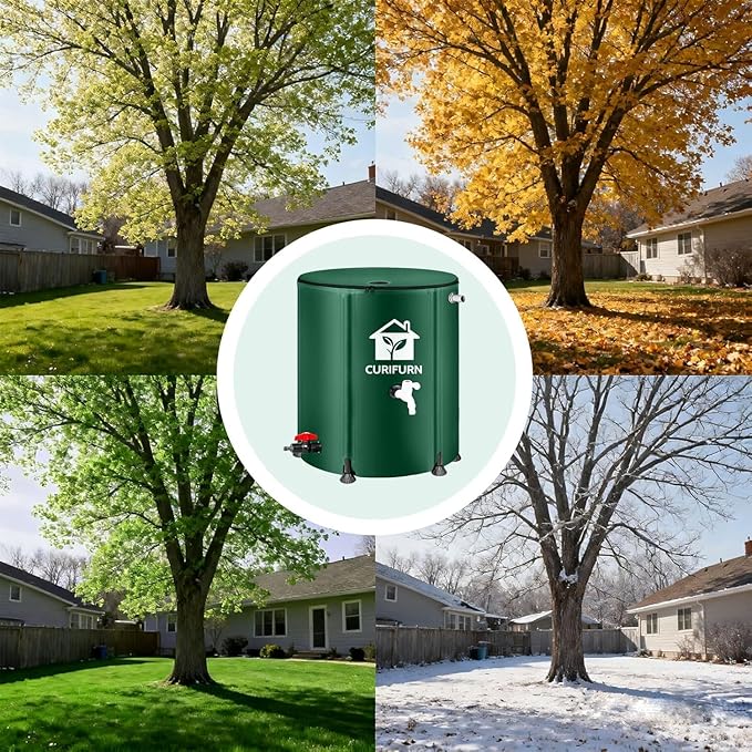 53Gal Collapsible Rain Barrel, Weatherproof Water Tank with Filter, Spigot & Overflow Kit (Reinforced Liner+Thickened Legs),Green