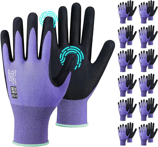 JDL Safety Work Gloves MicroFoam Nitrile Coated 12 Pairs, Seamless Knit Nylon Gloves with Touchscreen Fingers, Non-slip Working Glove for Women Men, Ideal for Gardening General Purpose, Purple X-Large