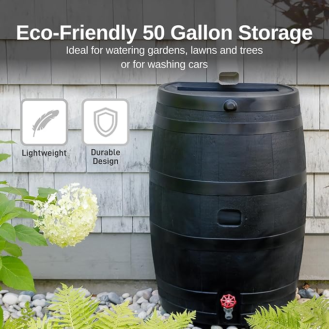 RTS Home Accents 50-Gallon ECO Rain Barrel Made with 100% Recycled Plastic, Flat Back Rain Water Collection Barrel, Soaker Hose Included, Black