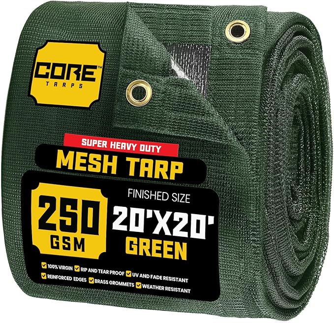 Core Tarps 60% Green Shade Cloth with Grommets - 20 X 20 FT Heavy Duty Mesh Tarp - Sun Shade Cloth for Garden Vegetables Plants Greenhouse Outdoors Backyard Fences Dump Trucks Patio Mesh Shade Tarp