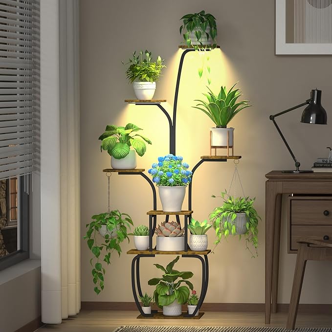 Plant Stand Indoor with Grow lights, 55" Tall 7 Tiered Large Plant Shelf for Indoor Plant Vase-Shape Rack Plant Pot Holder Gardening for Living Room Corner Black