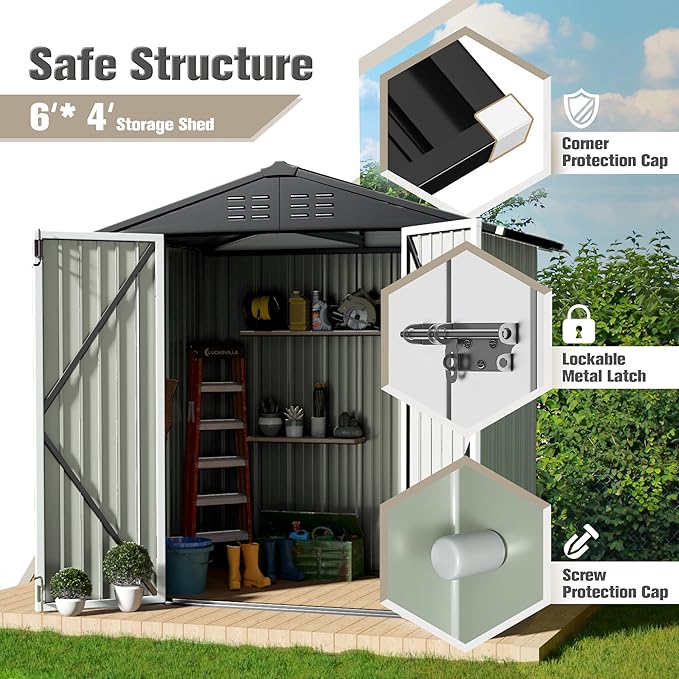 JUMMICO Metal Outdoor Storage Shed 6 x 4 FT Metal Shed with Lockable Door,Waterproof Garden Tool Shed Storage House for Backyard Patio Lawn,White