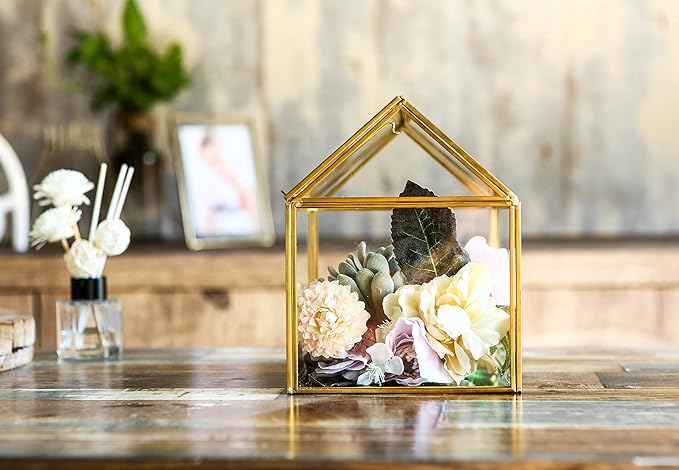 House Shape Close Glass Geometric Terrarium Tabletop Succulent Plant House Garden Planter Moss Fern Swing Lid, Flower Pot for Plants Succulent, Air Plant (Gold)