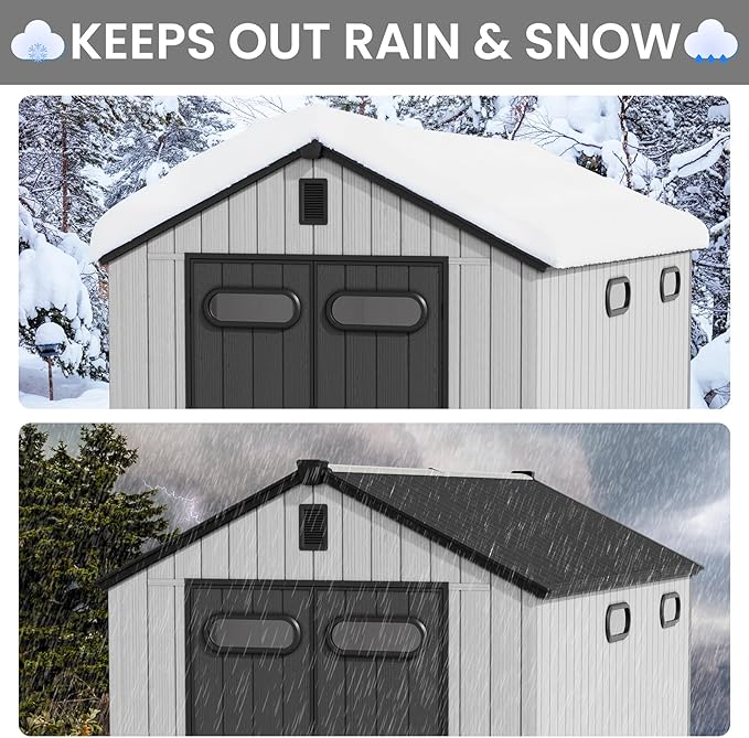 CRESTLIVE 8x12 FT Rust-Resistant Plastic Outdoor Storage Shed, Waterproof Resin Garden Shed with Floor, Doors, Skylight & Vent for Lawn Tools & Bikes