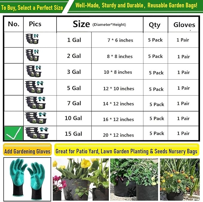 5-Pack 15 Gallon Plant Grow Bags (20x12 inch) Thickened Fabric Plant Pots Garden Bag for Potato,Tomato Planters,Herbs Veggies Planter Bag,Garden Pot,Flower Pot,Barrel Planter,Plant Container W/ Gloves
