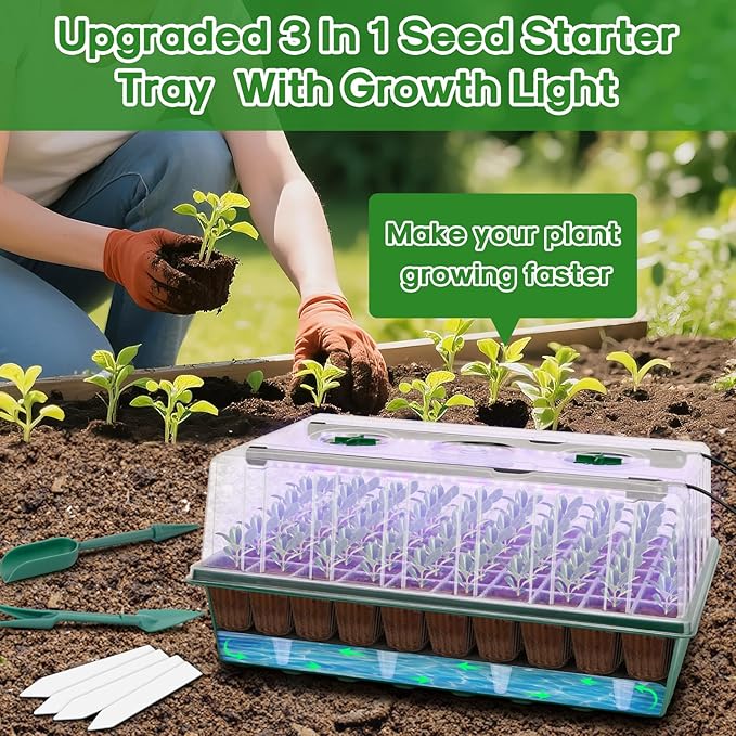 BlumWay Self-Watering Seed Starter Tray Kit with Grow Light and Humidity Dome, 3 Color Growing Light,120-Cell Plant Seedling Tray,Reusable Germination Trays,Adjustable/Timed Light Plant Starter Set