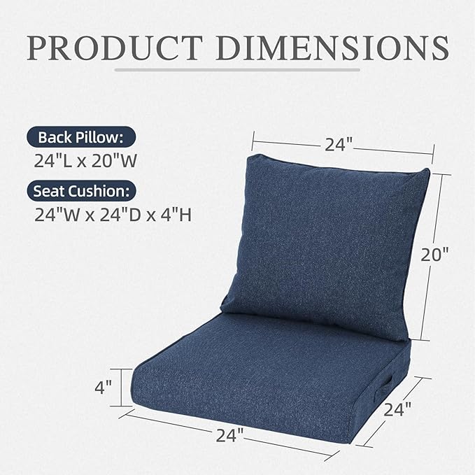 Aoodor 24" x 24" Patio Deep Seat Cushion Set, Water Resistant & Fade Resistant Outdoor Furniture Cushions with Adjustable Straps for Patio, Deck, Garden, Set of 2, Navy Blue
