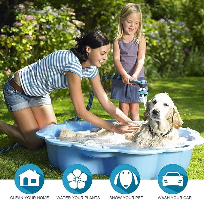 Non-Expanding Garden Hose 100ft,flexible, lightweight hose is resistant to kinks and tangles.With 10-way nozzle, strong 3/4” metal fittings, and a shut-off valve.