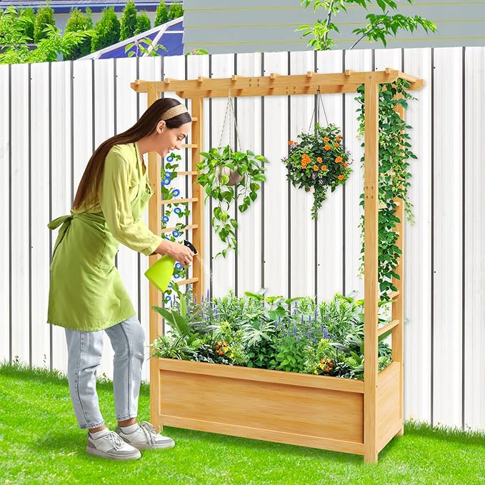 SUNYRISY Raised Garden Bed with Trellis, Wooden Vertical Planter Box with Trellis Outdoor for Climbing Plant Vine Flowers Vegetables, Planter Raised Bed with Hanging Roof and Drainage Holes