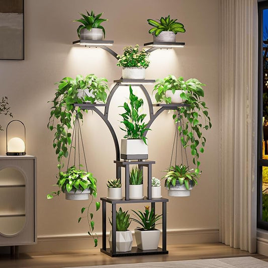 Elbourn Plant Stand Indoor with Grow Lights - 60" Tall Metal Plant Shelf for Multiple Plants, 8 Tiered Corner Plant Stands for Indoor Plants, X - Shaped Decorative Rack for Home, Living Room & Patio Decor (Black)