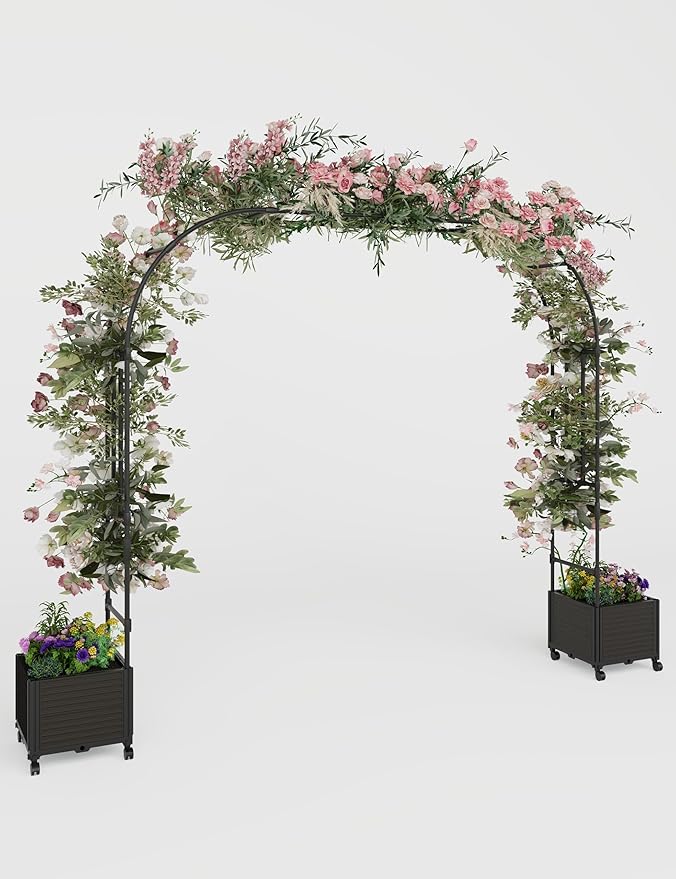 94.5 Inch Garden Arch Trellis with 2 Planter Boxes for Climbing Plants, PE Coated Metal Wedding Arch Arbor with Planter Box for Outdoor Decor, Party Backdrop & Flower Support
