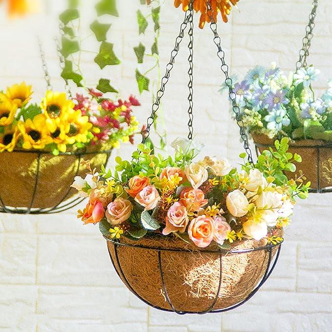 Outdoor Metal Hanging Planters Basket (2pack, 12 inch) Hanging Baskets for Plants Chain Round Wire Plant Holder with Coco Fiber Liners for Garden, Patio, Deck, Porch(Flower Border)
