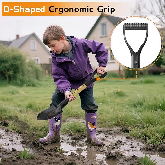 HIGHLIGHT Kids Shovel, Small Shovels for Digging, Overall Length 28 Inches, Mini D Handle, Gardening Shovel, Metal Beach Shovel, Camping, Snow, Wood Handle