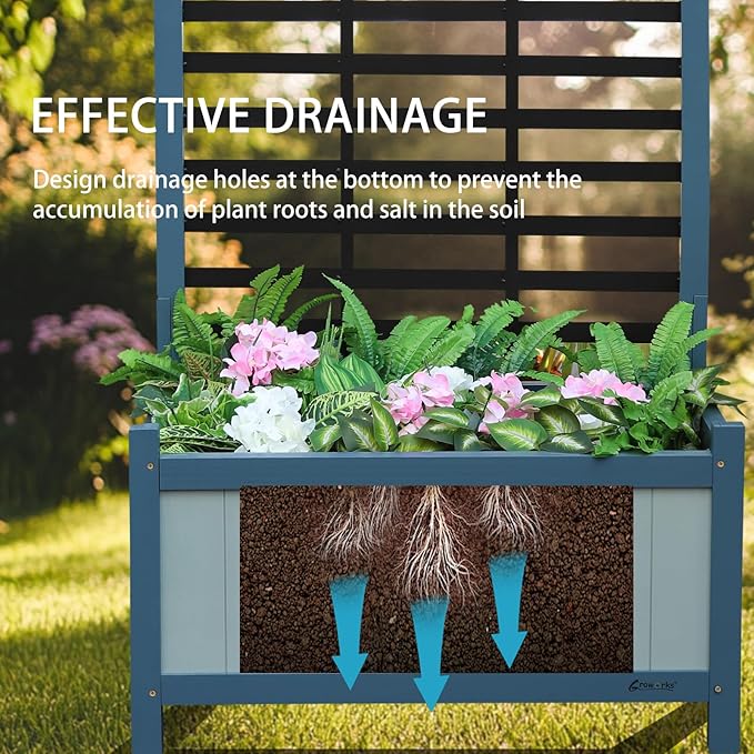 Raised Garden Bed Outdoor, Cedar Wooden Planter Boxes with Trellis, 17.7”L x 16.1”W x 27.6”H Raised Planter Box with Legs for Backyard, Patio, Balcony with Bed Liner (Blue)