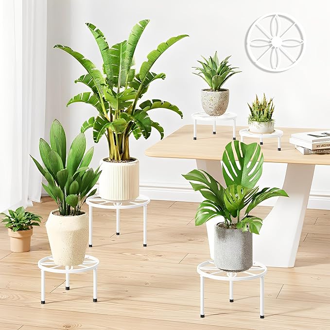 5-Pack Metal Plant Stand Potted Plant Stands,Heavy Duty Flower Pots Stand Holder,Anti-Rust Iron Plant Pot Shelf,Decoration Flower Racks for Home Indoor and Outdoor(WhiteLeaf)