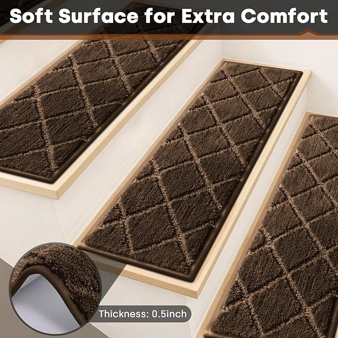 JOENIE Non-Slip Edging Stair Treads Carpet Mat 30inX8in Indoor Stair Runners for Wooden Steps, Edging Stair Rugs for Kids and Dogs, 100% Polyester TPR Backing (Brown, 12pc)