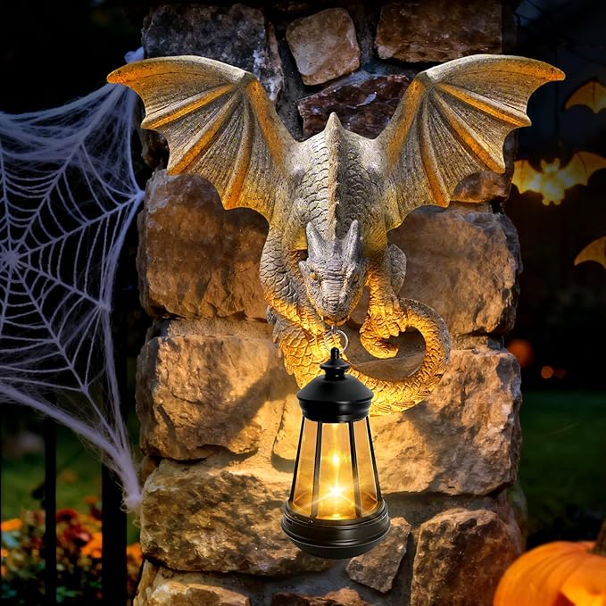 Dragon Tree Hugger Garden Statue - 9.8 Inch Resin Dragon Wall Hanger Sculptures Decor with Solar Lantern Lights, Outdoor Waterproof for Balcony Wall Porch Yard, Gifts for Mom Women Grandma Christmas