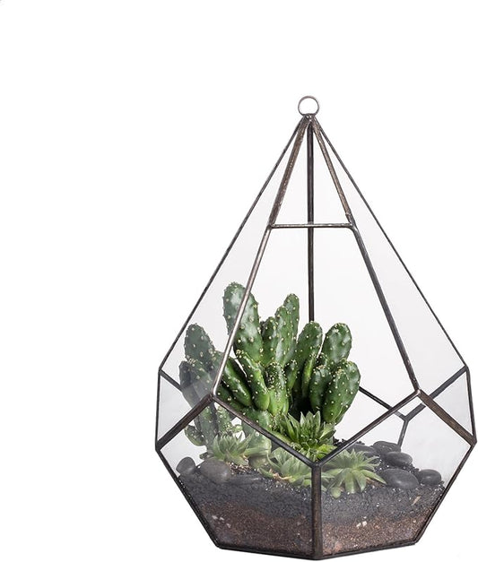 NCYP Hanging Glass Geometric Terrarium for Succulent - 6.8" x 6.8" x 8.6" Indoor Teardrop Shape Plants Planter, Tabletop Decorative Centerpiece, Black Container, Opening, Handmade (No Plants)