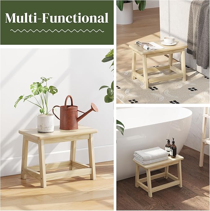 Wood Stool, Small Bench Seat, Wood Bathroom Vanity Bench, Plant Stand, Shoe Changing Handmade Stool for Kids or Adults (Natural, Small)