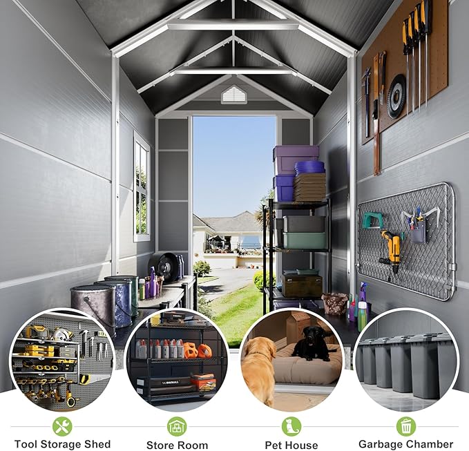 HUSFU Outdoor Resin Storage Shed 6x4 FT, Plastic Tool Shed for Bike, Garbage Can, Chicken Coop, Outside Sheds with Lockable Door for Backyard, Patio, Lawn, Light Grey