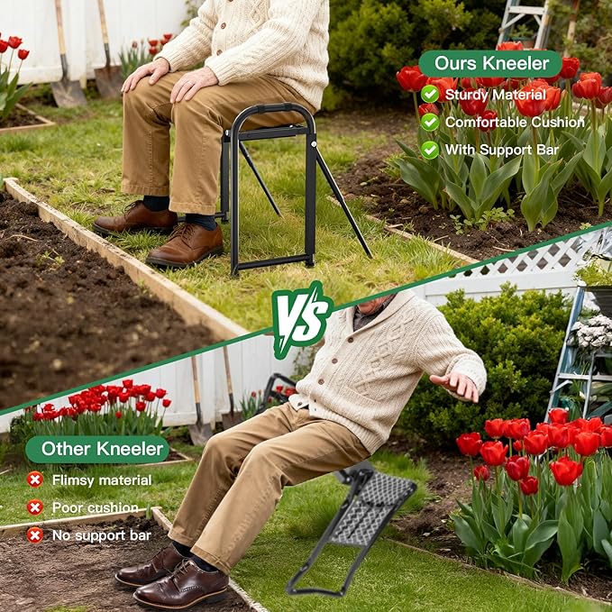 Heavy Duty Garden Kneeler and Seat for Elderly, 400lbs Capacity Foldable Gardening Stool with Support Legs & Thick Pad, Includes Large Tool Organizer Bag, Black