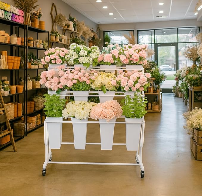 Dyale Flower Display Stand Frame, 3-Tier Flower Cart with Wheels, Metal Floral Display Rack , Moving Florist Bouquet Shelf for Shop ,Flower Bar, Events (White - 3 Tier)