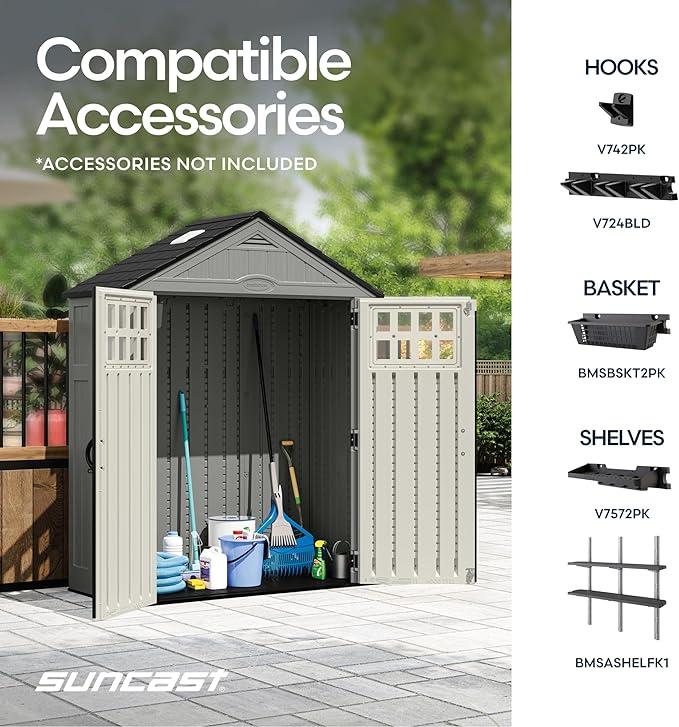 Suncast Everett 6x3 ft Vertical Storage Shed - Resin Plastic Outdoor Garden Shed with Floor, Windows, Skylight & Lockable Double Doors. Slim Yard Storage for Utility Tools & Backyard Equipment