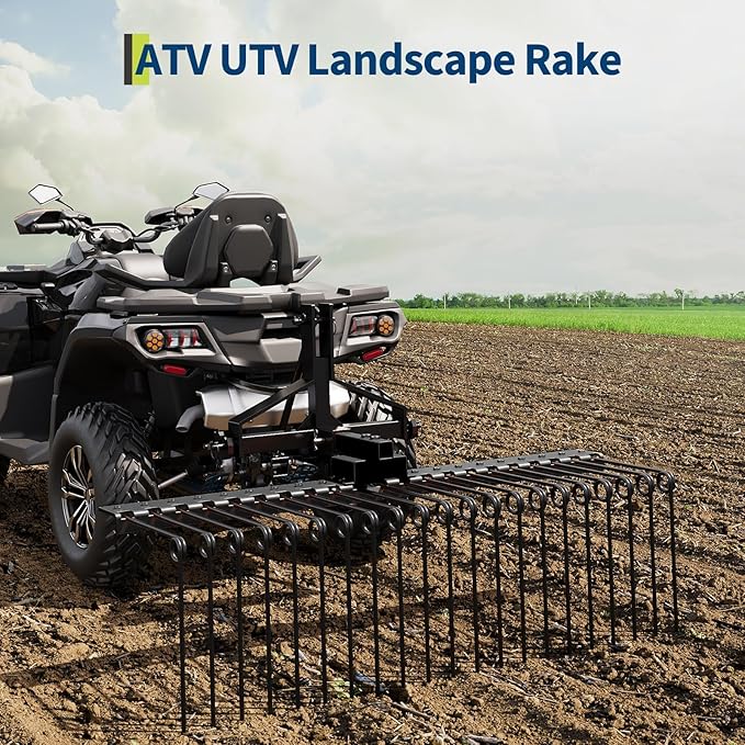 48 in Durable Pine Straw Rake Steel Spring Landscape Rake Fits 2 in Receiver for Lawn Tractors or ATV/UTV, Black