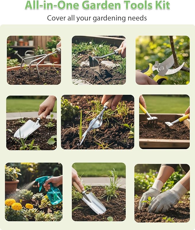 Garden Tools Set 12-Piece, MOSFiATA Gardening Tools Kit with Comfortable Handle, Heavy Duty Soil Shovel, Transplant Trowel, Weeder, Hand rake, Professional Pruner Sprayer Gloves with Organizer Bag