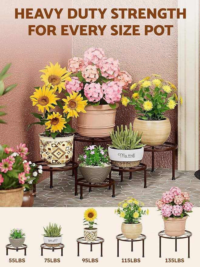 5-Pack Metal Plant Stands Indoor Outdoor,Heavy Duty Flower Pot Stands for Multiple Plant,Anti-Rust Iron Plant Pot Shelf,Flower Racks,Balck Potted Holder for Planter(BrownFlower)
